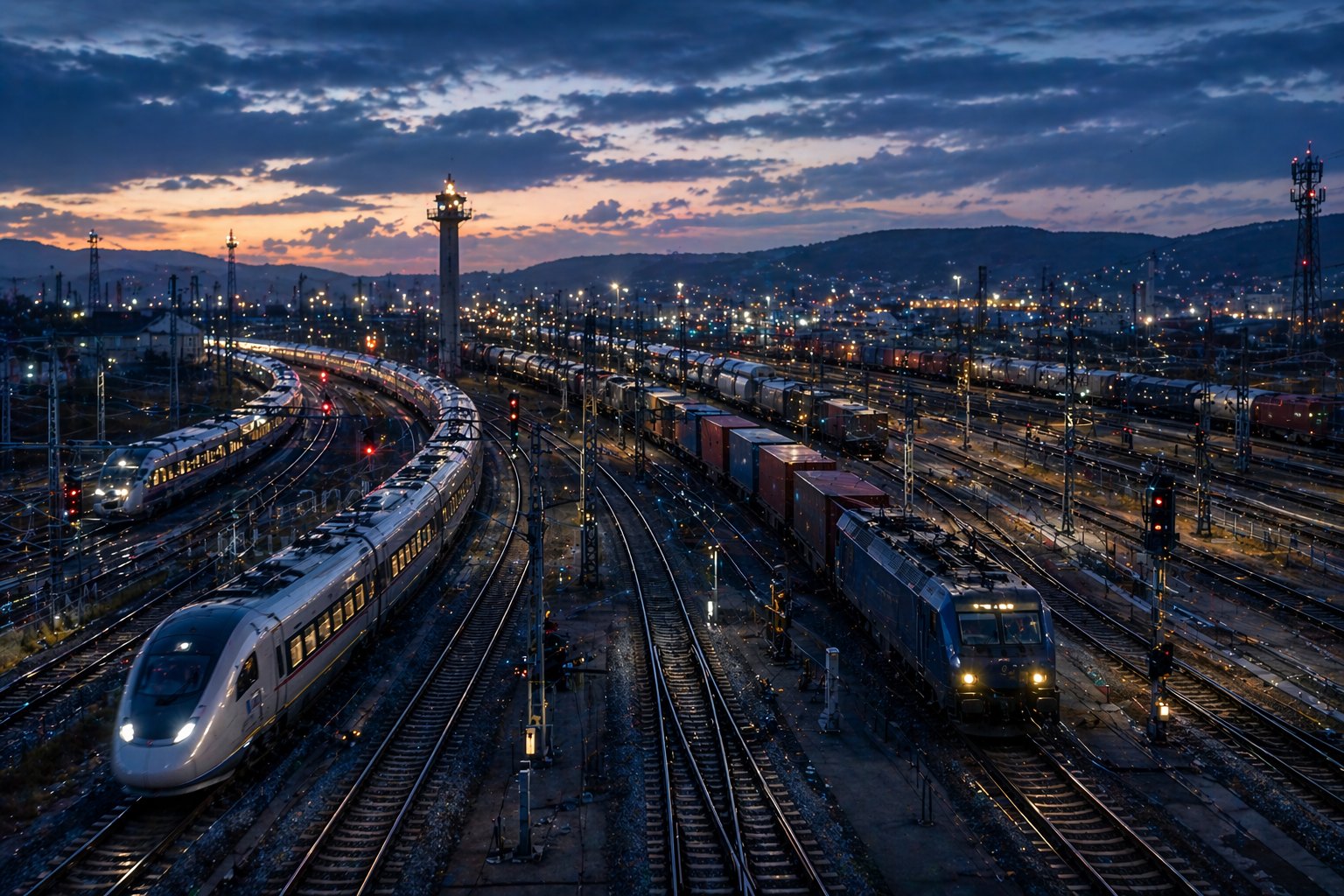 Passenger and freight rail corridor at blue hour