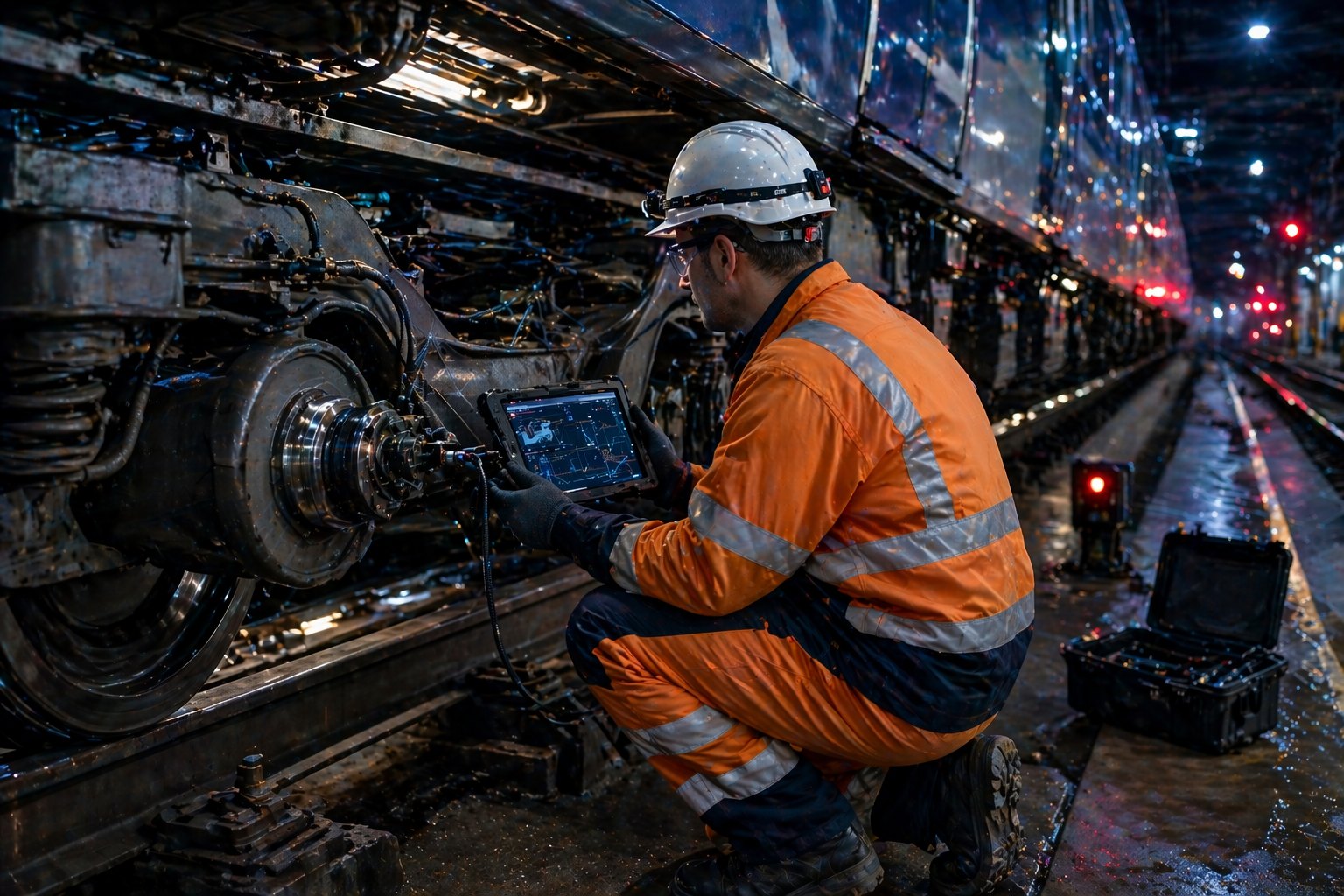 Technician inspecting train bogie and wheelset with diagnostic tablet