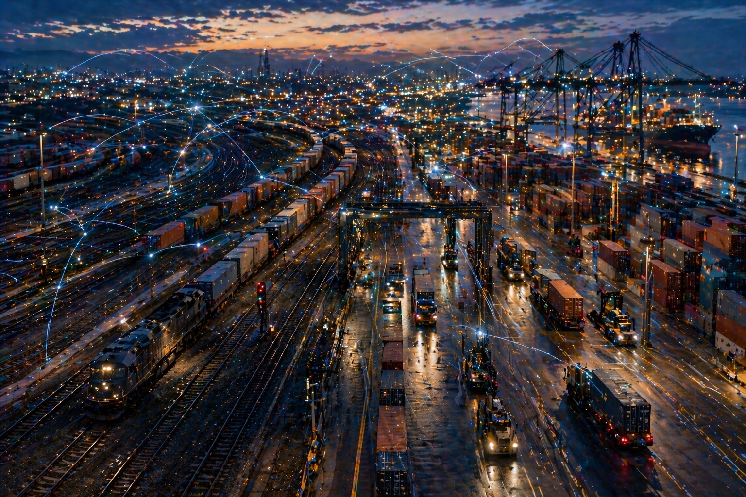 Freight rail, port cranes, trucks and container terminal at blue hour