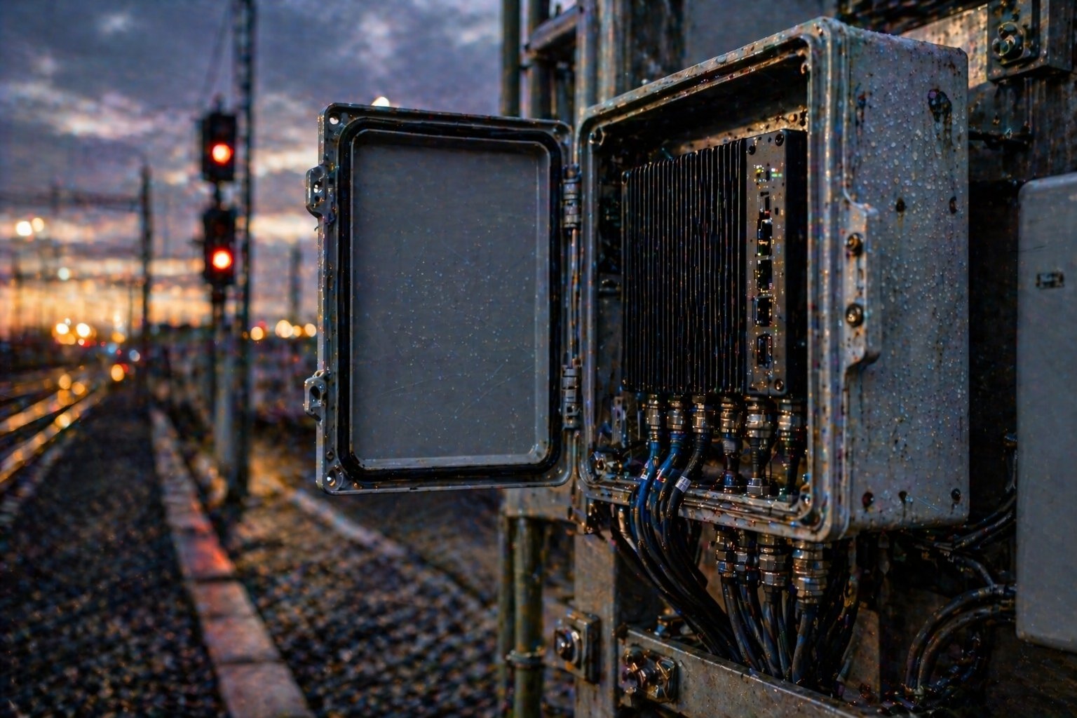Rugged rail-side electronics enclosure with cabling and weatherproof housing